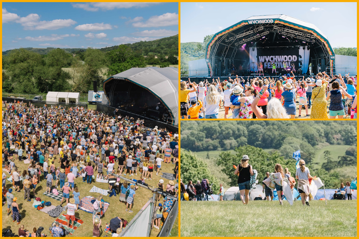Collage of images of the crowds at Wychwood Festival.